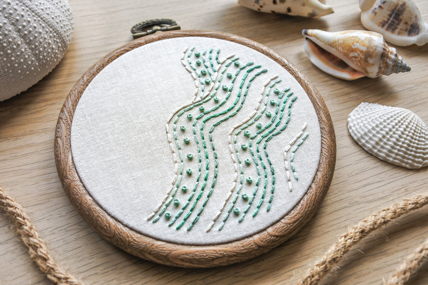 Angled closeup of beach wave embroidery with turquoise and white stitches, showcasing texture and detail