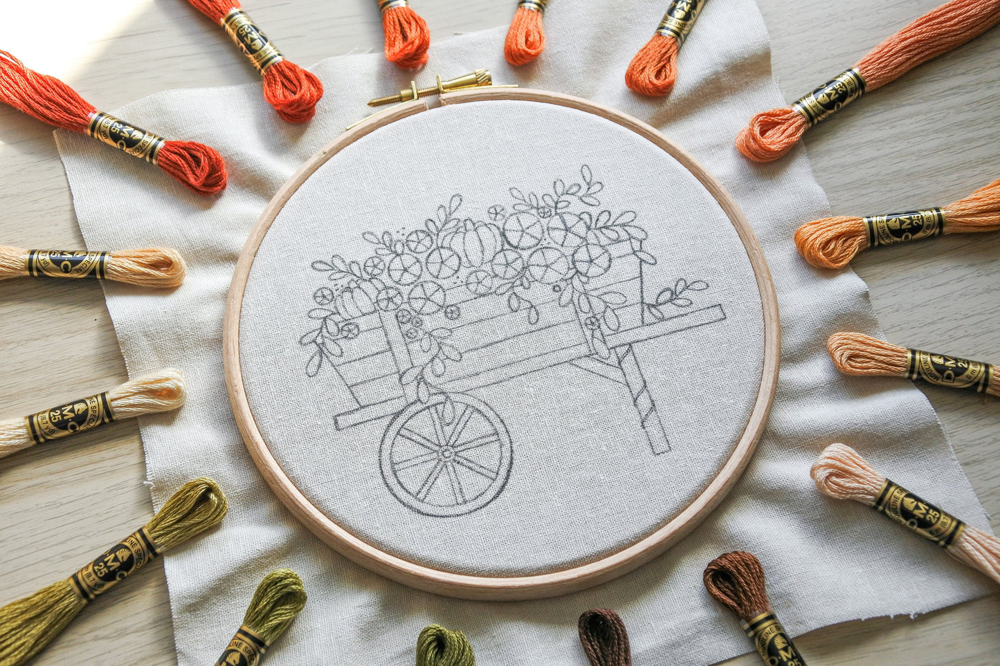 Autumn wagon embroidery pattern transferred onto fabric, surrounded by a circle of DMC embroidery thread colours
