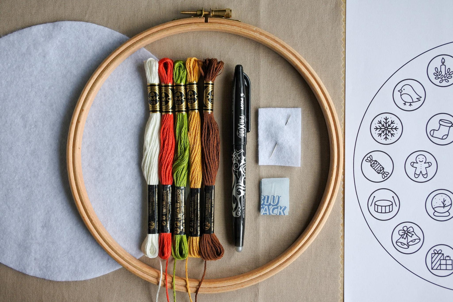 Christmas advent calendar kit contents laid out, including wooden hoop, needle, DMC threads, pen, felt, and fabric with the printed embroidery pattern.