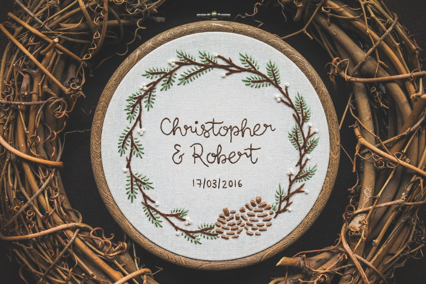 Christopher and Robert hoop with wedding date embroidered underneath