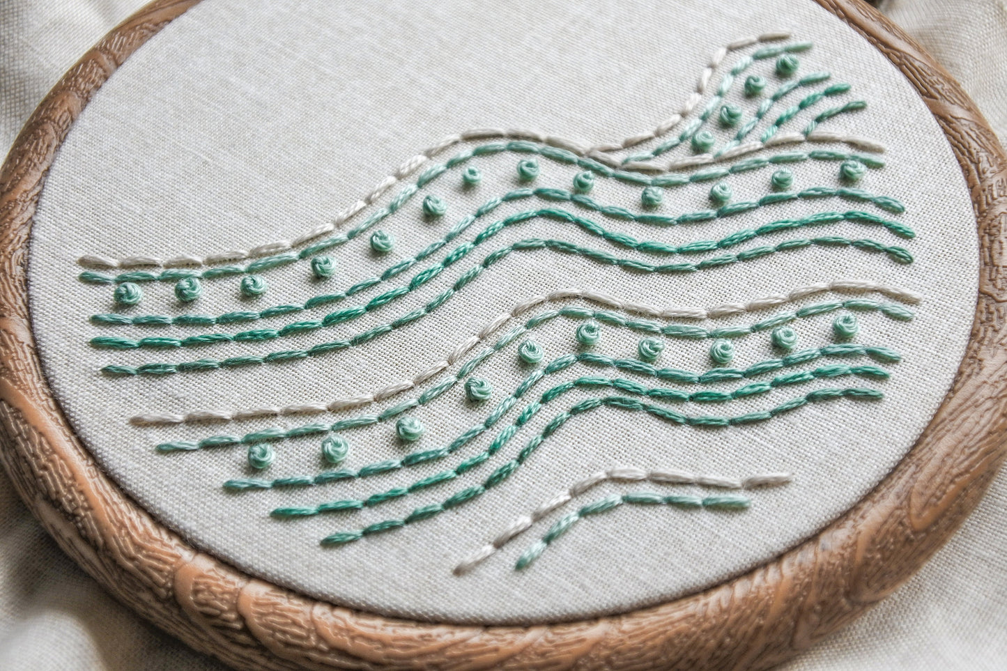 Closeup of turquoise and white stitches in the beach wave embroidery pattern