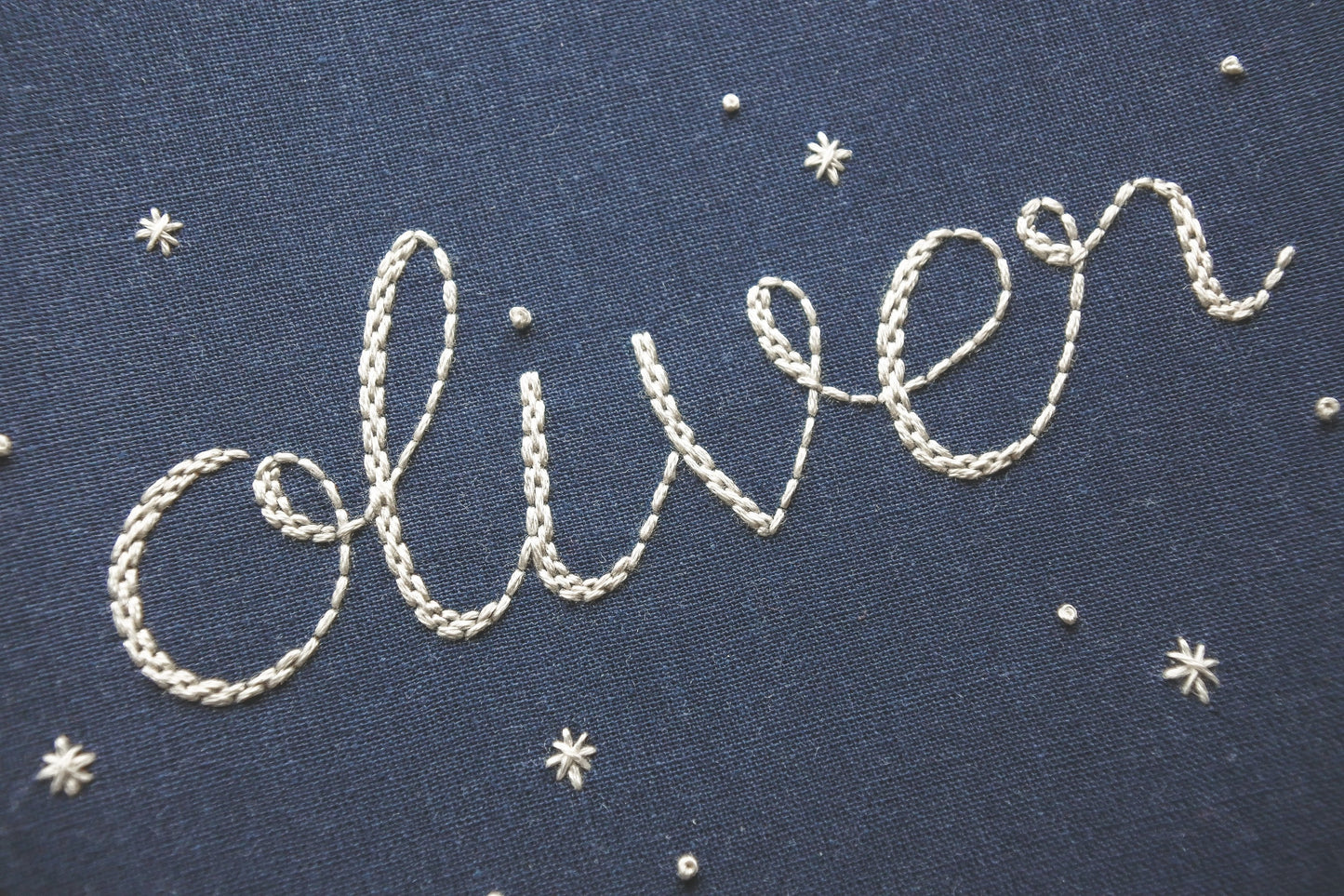 Detailed close-up of the embroidered name 'Oliver' in white thread on navy blue fabric