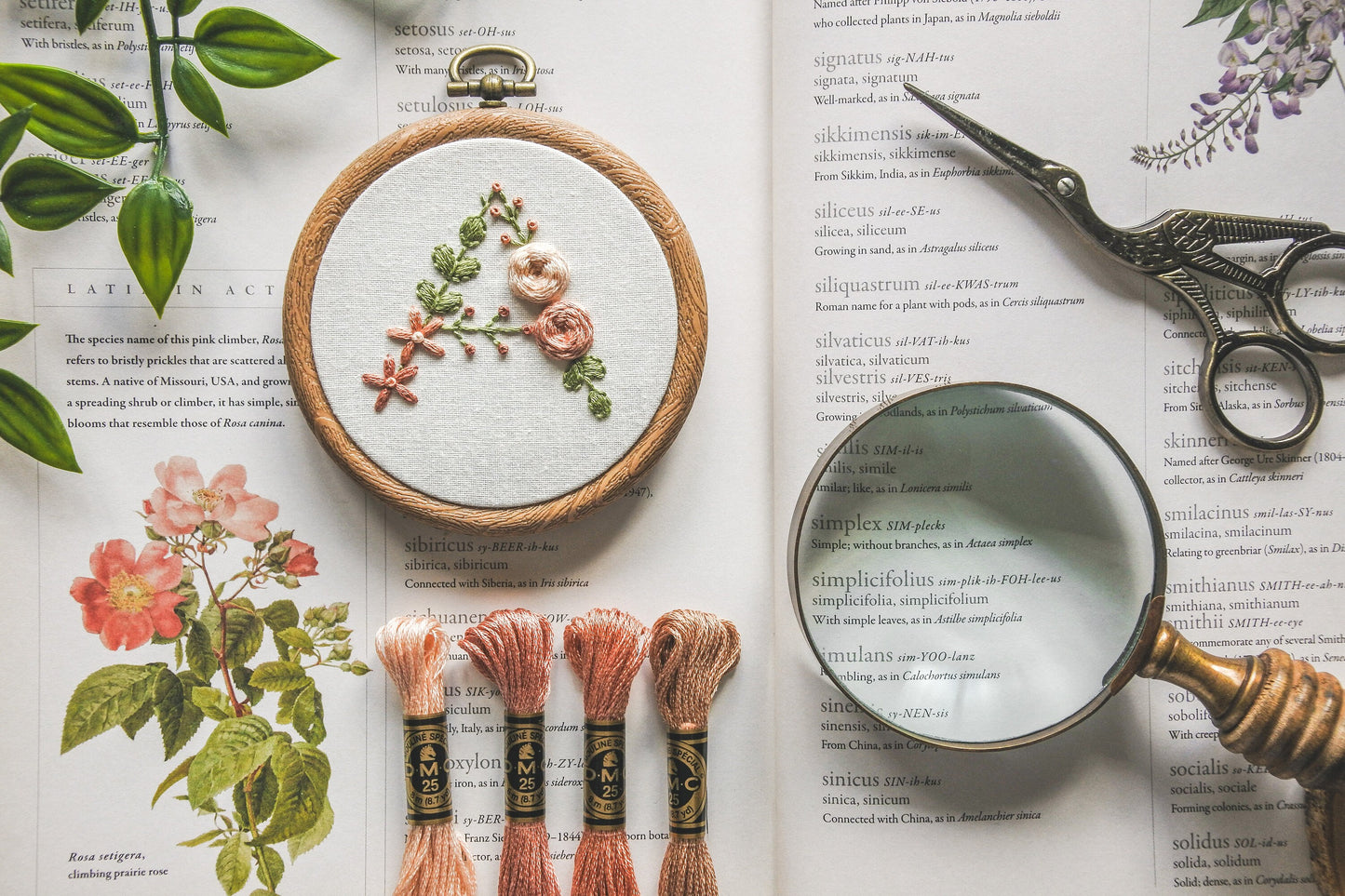 Hand-embroidered floral letter A with peach flowers and warm green foliage in a 3-inch wood-effect hoop.