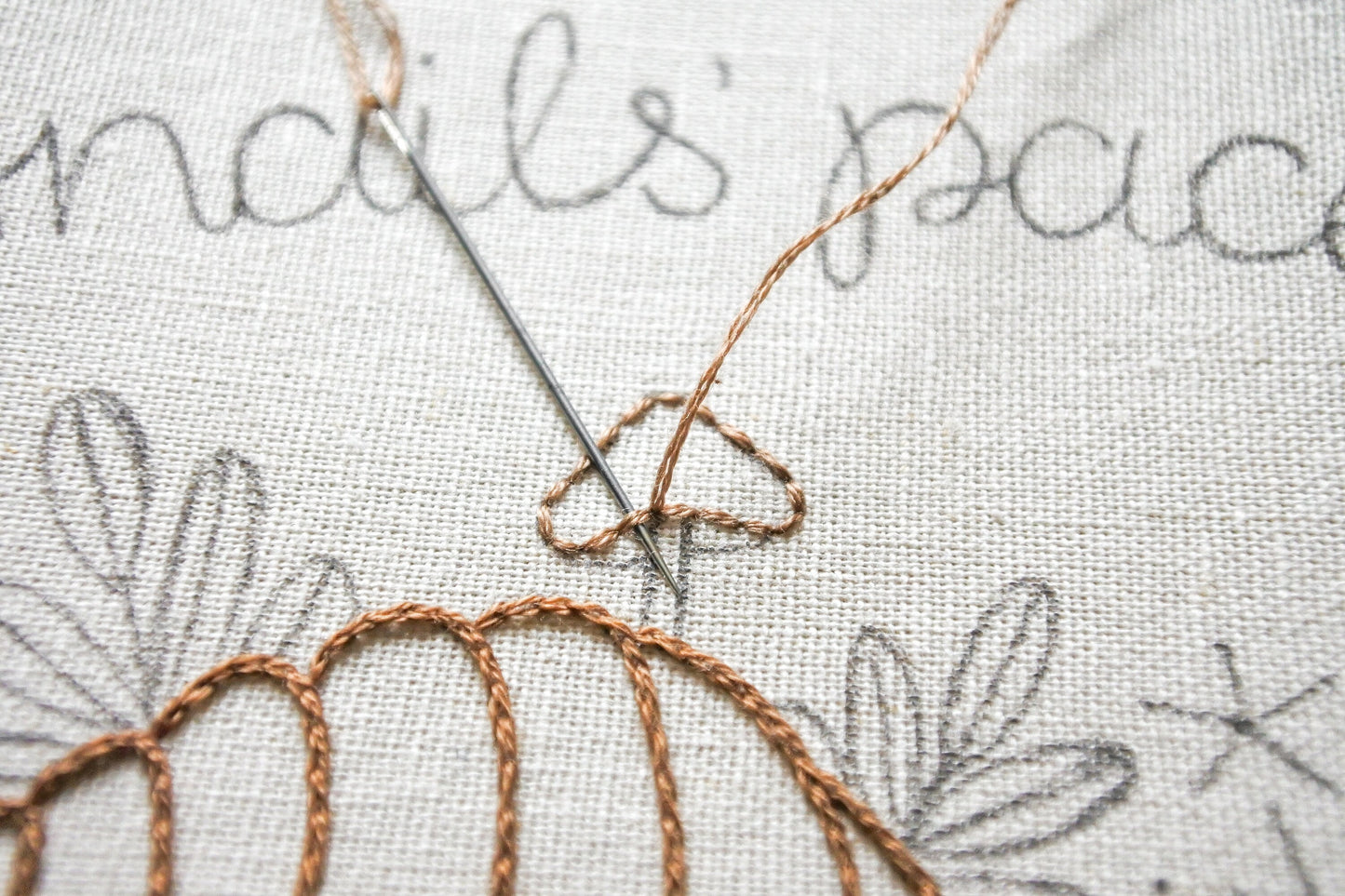 Needle and thread starting to stitch a small brown mushroom