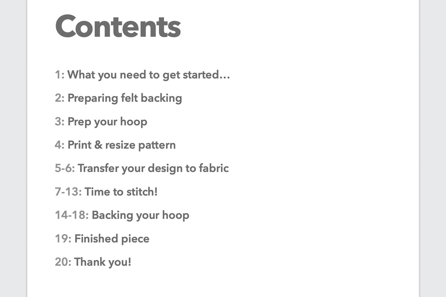Screenshot of the contents page from the beach wave embroidery stitch guide included with the PDF pattern