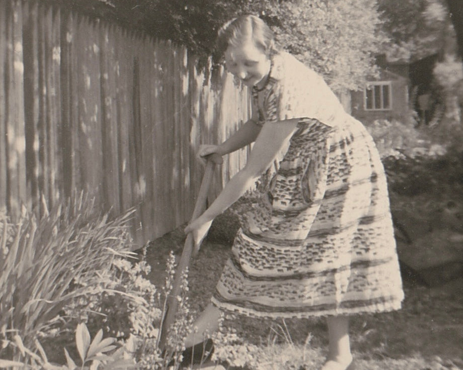 Scanned old photo of Catherine’s Nan doing some gardening.