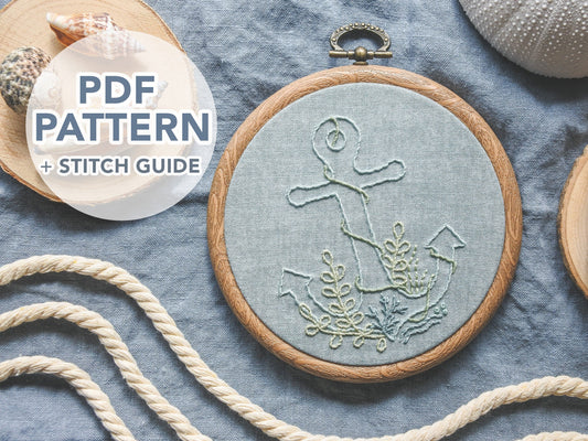 Anchor embroidery hoop on light blue fabric with text overlay reading 'PDF Pattern and Stitch Guide by Artisan Cat'