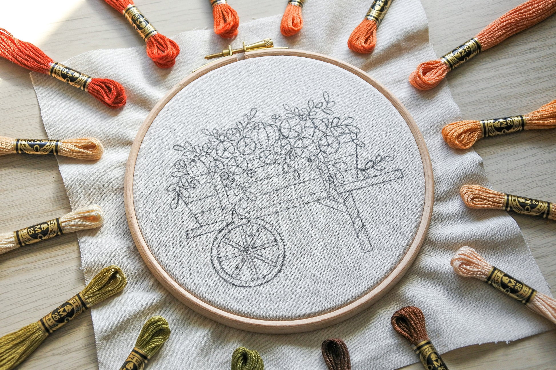 Autumn wagon embroidery pattern transferred onto fabric, surrounded by a circle of DMC embroidery thread colours
