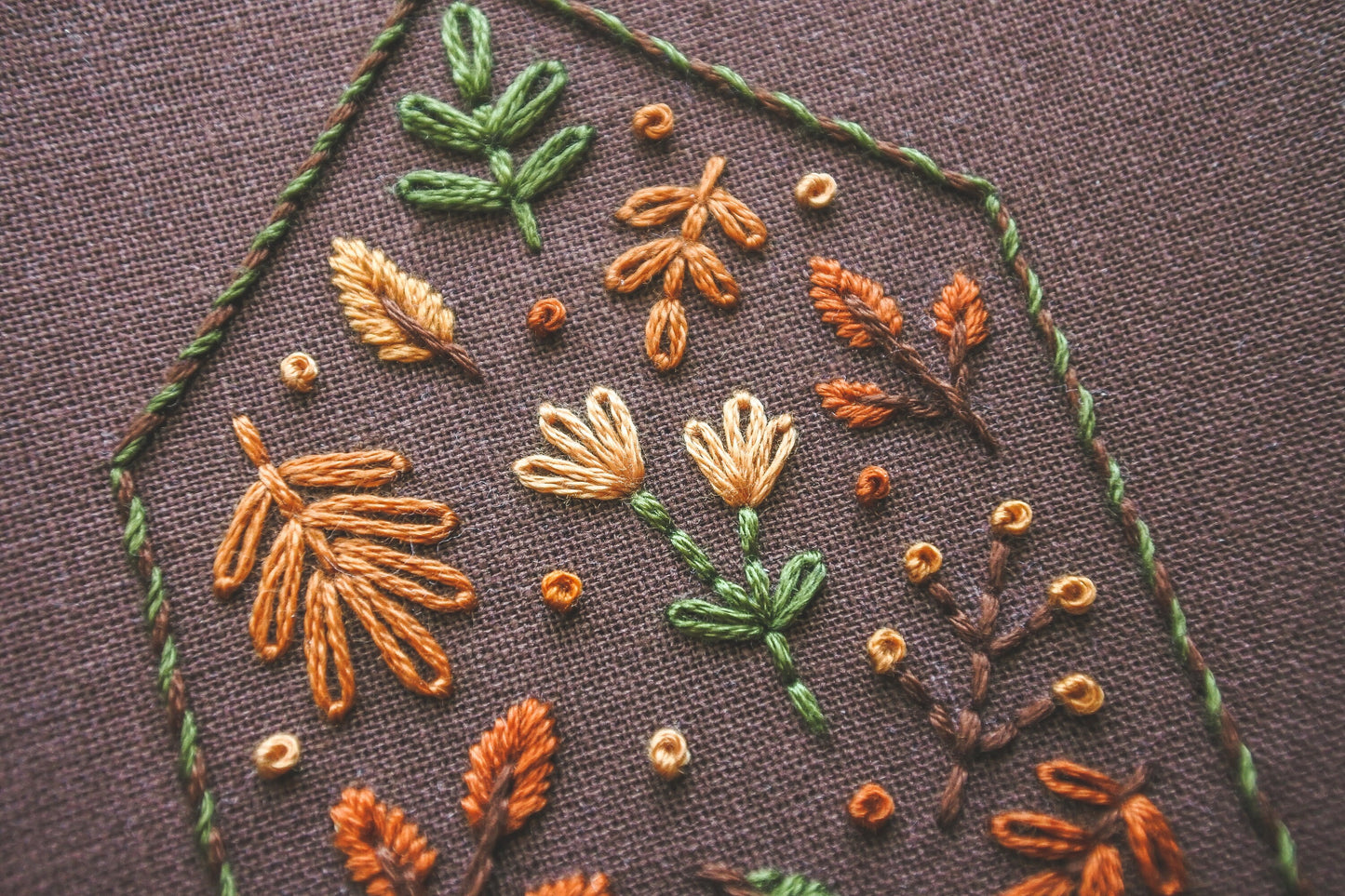 Close-up of a house embroidery design focusing on the autumn-toned floral and botanical stitching on dark brown fabric.