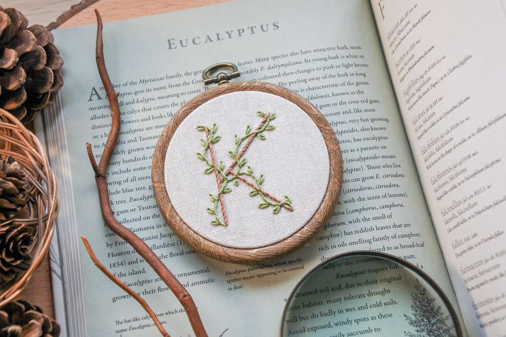 Angled view of botanical letter K embroidery hoop with eucalyptus green vines and pale brown stitched letter on neutral fabric in a 3-inch wood-effect hoop