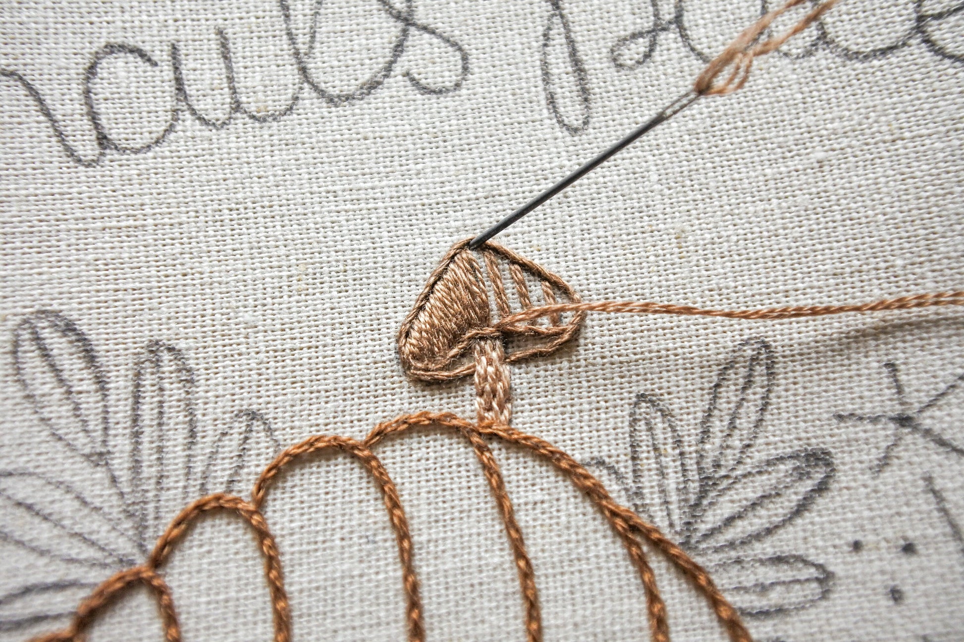 Needle and thread stitching a small brown mushroom