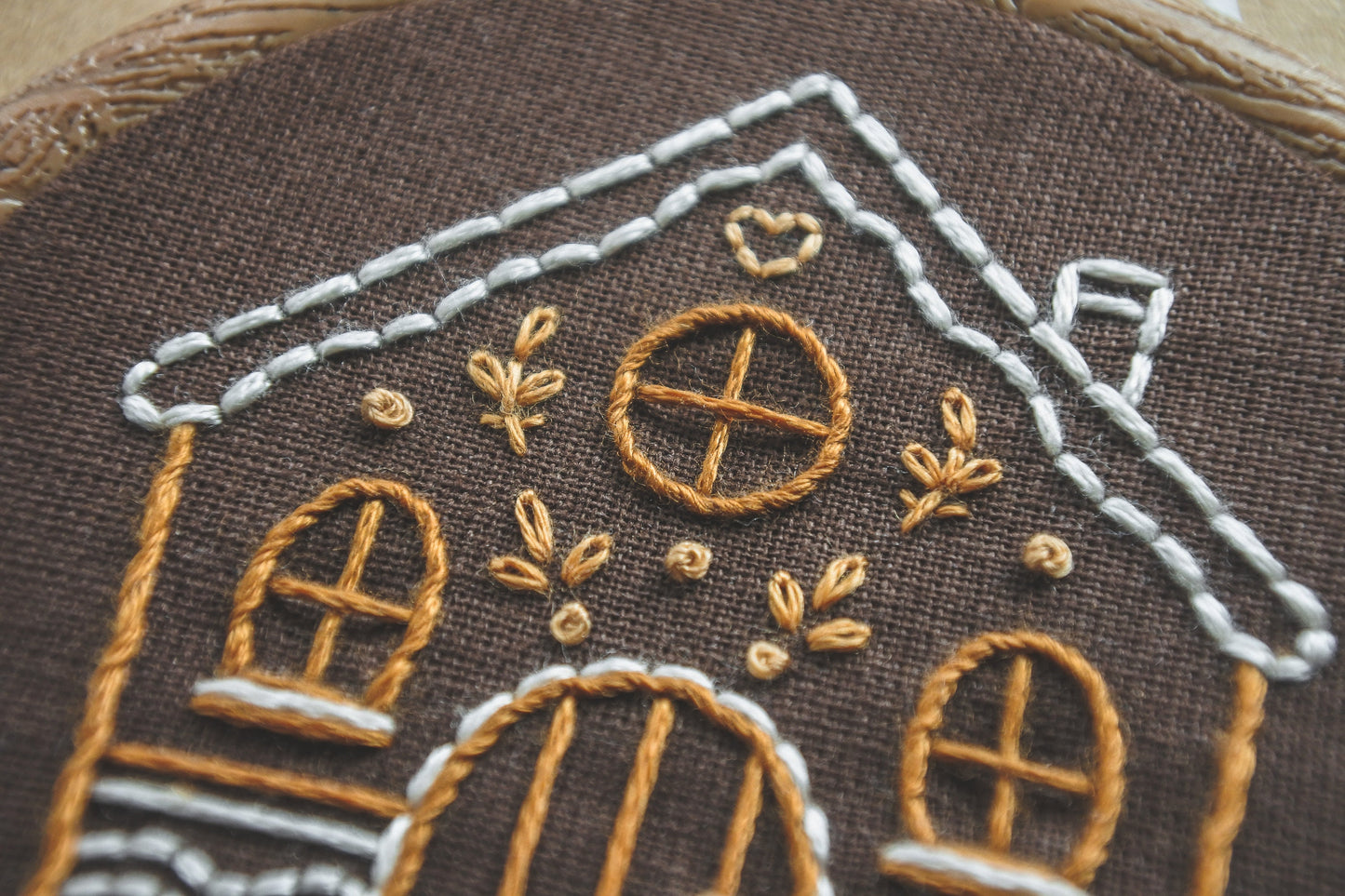 Close-up of hand-embroidered gingerbread house details, showing icing accents and stitching on brown fabric.