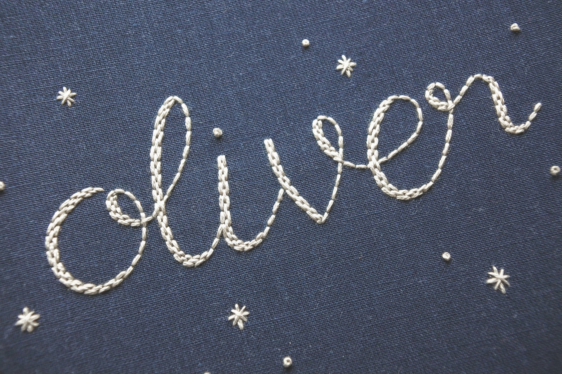 Detailed close-up of the embroidered name 'Oliver' in white thread on navy blue fabric