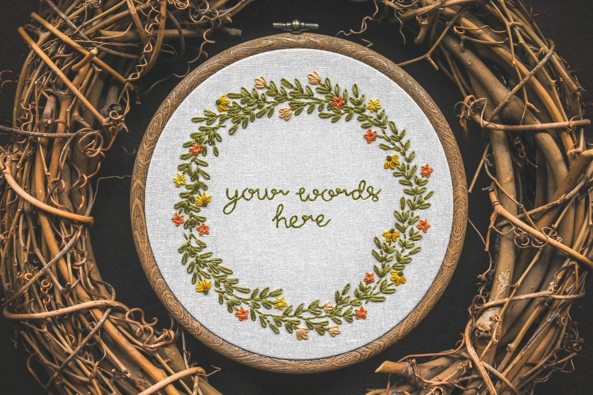 Customisable wreath design with the text "your words here" in the centre.
