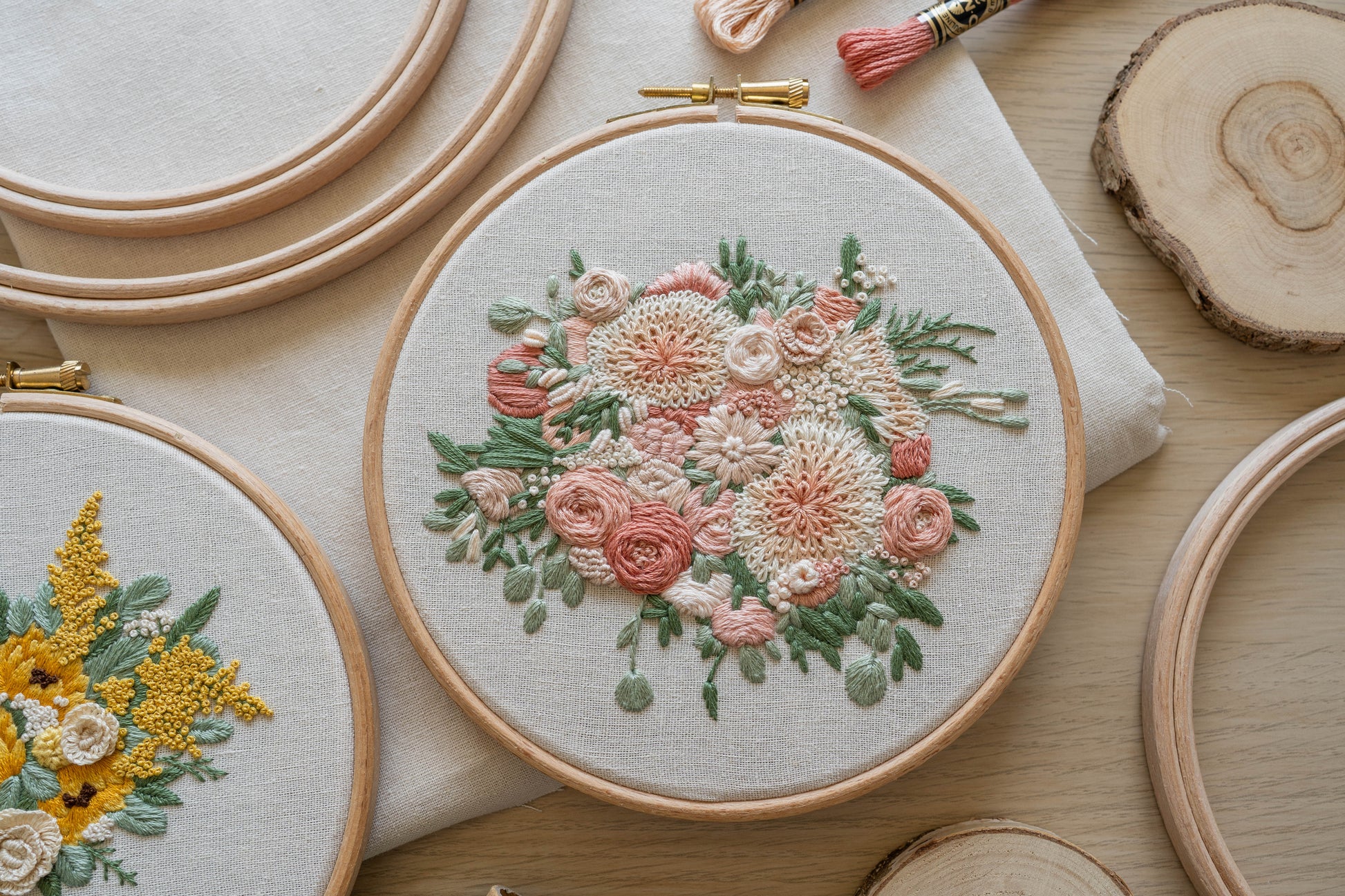 Dahlia and rose bouquet embroidery in soft pink, peach and cream tones with eucalyptus green foliage
