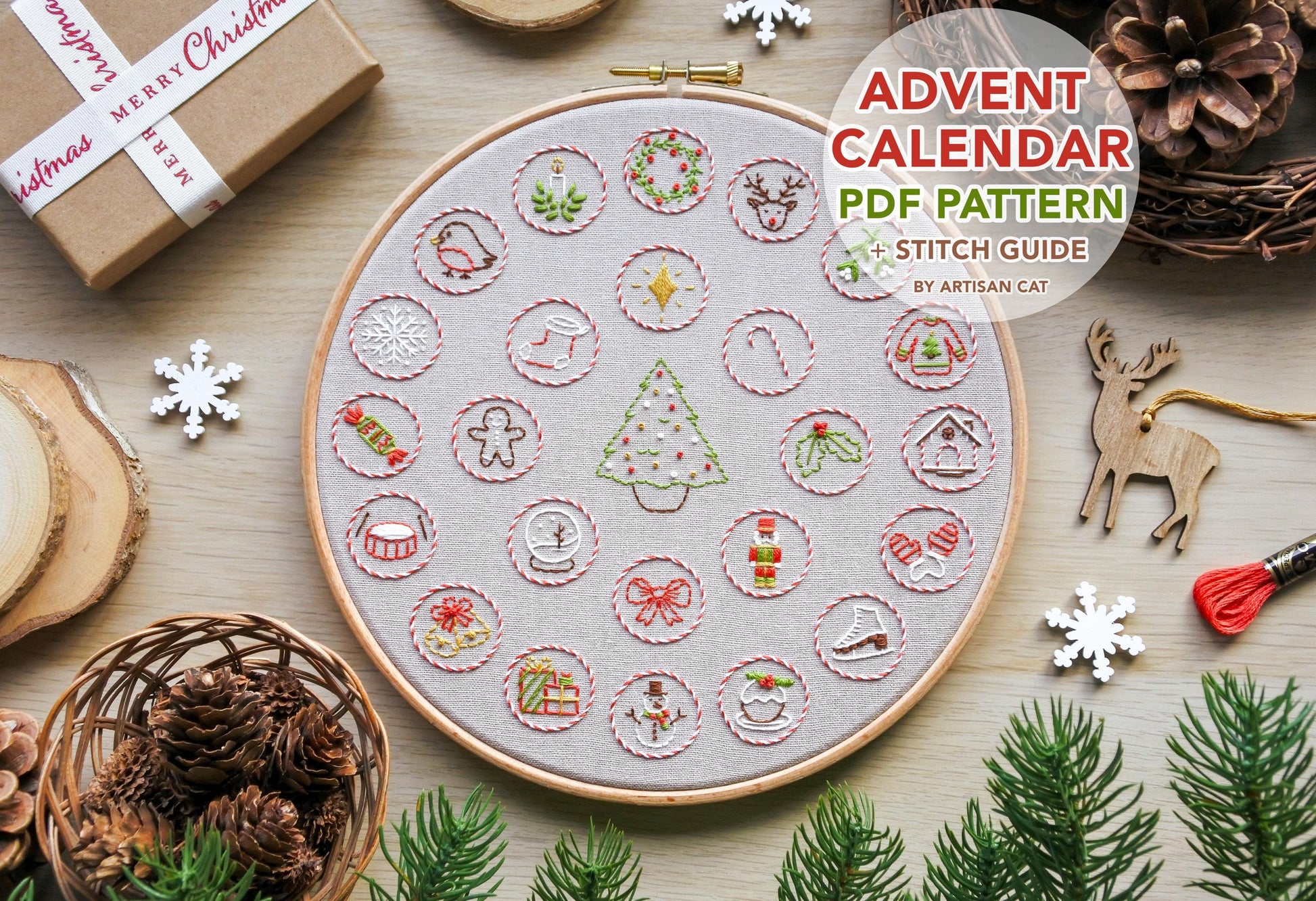 Flatlay of hand-embroidered Christmas advent calendar design with 'Advent Calendar PDF Pattern and Stitch Guide by Artisan Cat' text.
