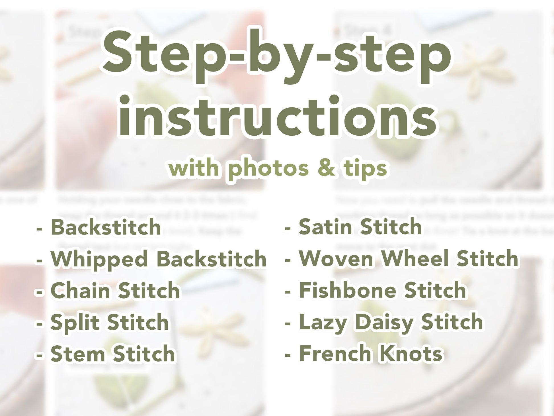 Graphic with text "step by step instructions with photos and tips" alongside a list of 10 embroidery stitches included in the guide