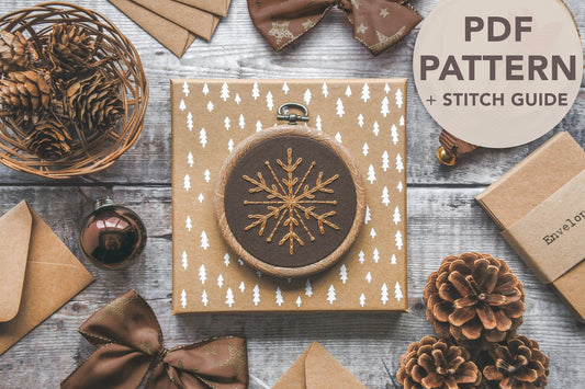 Flatlay of a gold snowflake embroidered on brown fabric, with overlaid text saying "PDF Pattern and Stitch Guide"