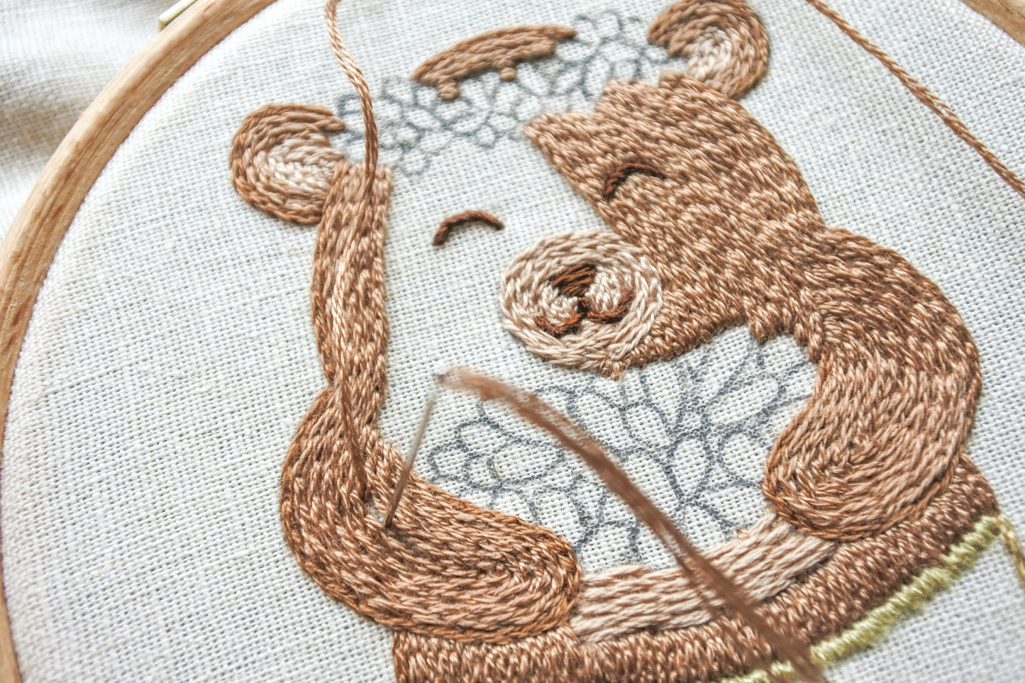 Close-up of stitching the bear’s fur in the embroidery design.