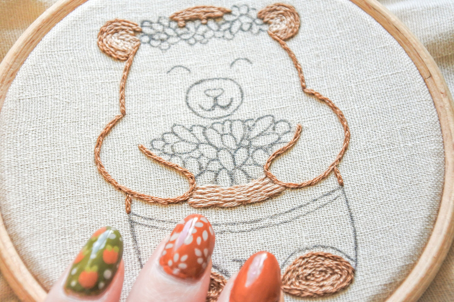 Work in progress close-up of hand embroidering the bear design